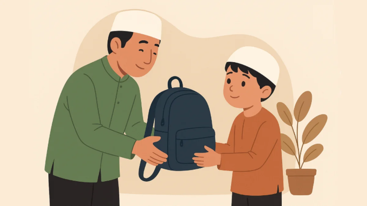 Seorang lelaki dengan tulus memberikan bantuan kepada seorang anak, diiringi senyum yang menghangatkan hati.