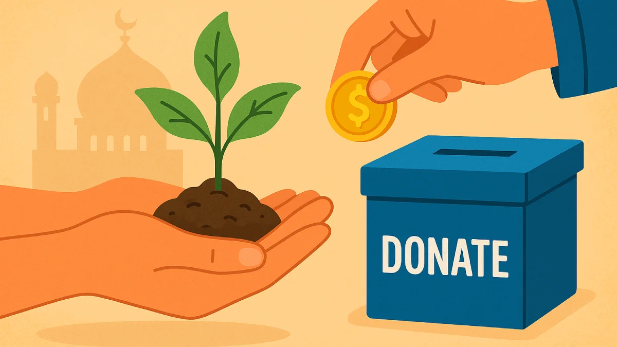 Amal jariyah digambarkan sebagai simbol pertumbuhan berkelanjutan dari kebaikan, di mana donasi (koin) menjadi sarana untuk menciptakan manfaat abadi, seperti tanaman yang terus berkembang.