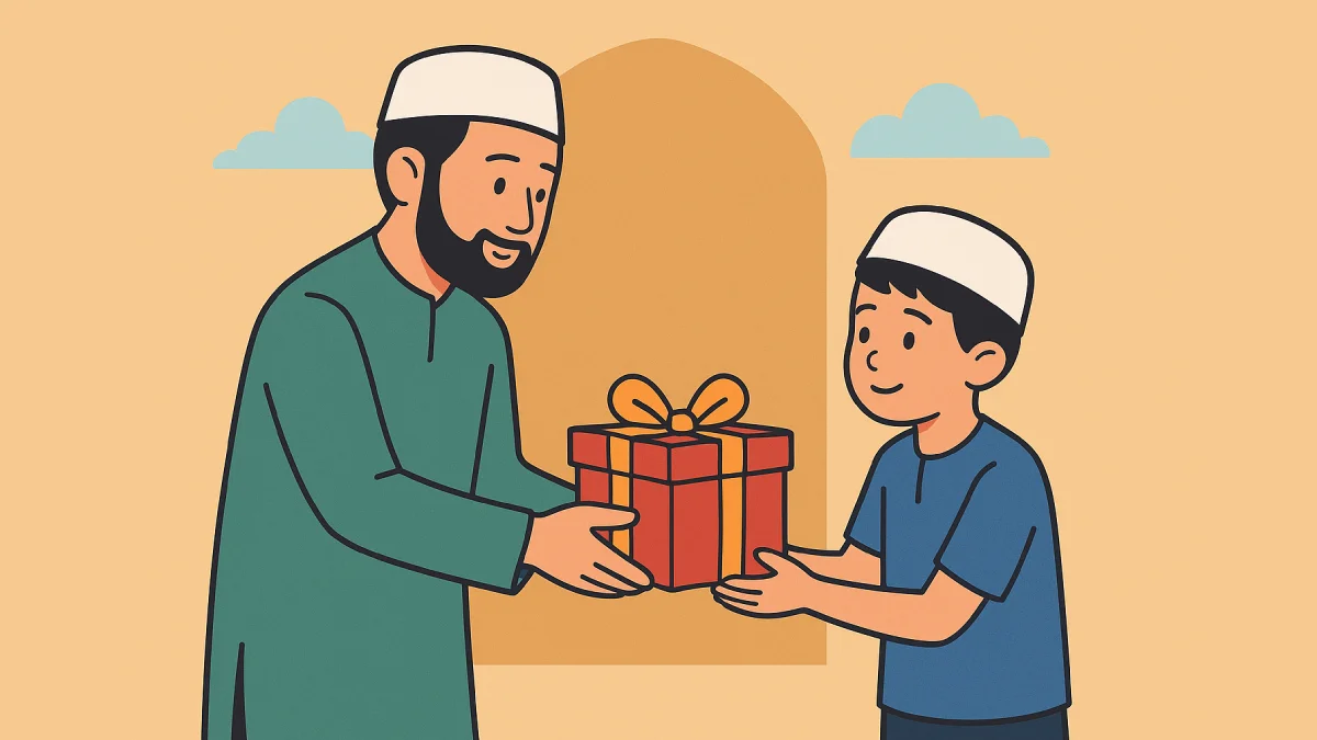 Ilustrasi santunan anak yatim yang menunjukkan seorang lelaki memberikan hadiah kepada anak laki-laki dengan penuh kehangatan dan kepedulian.
