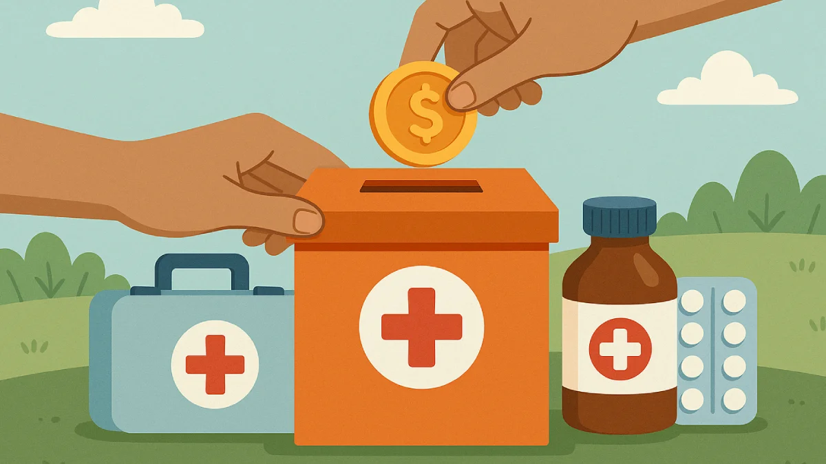 Ilustrasi simbolis donasi kesehatan dengan tangan yang memberikan kotak donasi berlogo bintang empat.