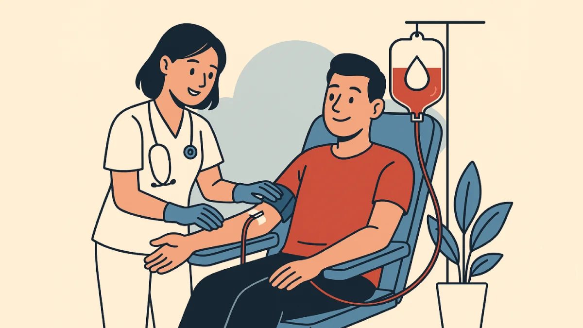 Ilustrasi pria mendonorkan darah dengan bantuan perawat, kantong darah tergantung di sebelahnya. Menunjukkan cara donor darah sederhana dan aman.