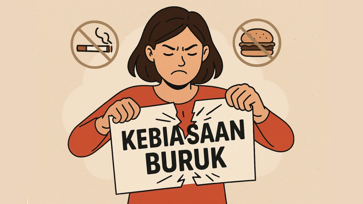 Ilustrasi pria berpikir dengan tanda larangan merokok, gelas bir, dan inti apel di sebelahnya. Simbolisasi Cara Hilangkan Kebiasaan Buruk melalui penggantian pilihan destruktif dengan yang lebih sehat.