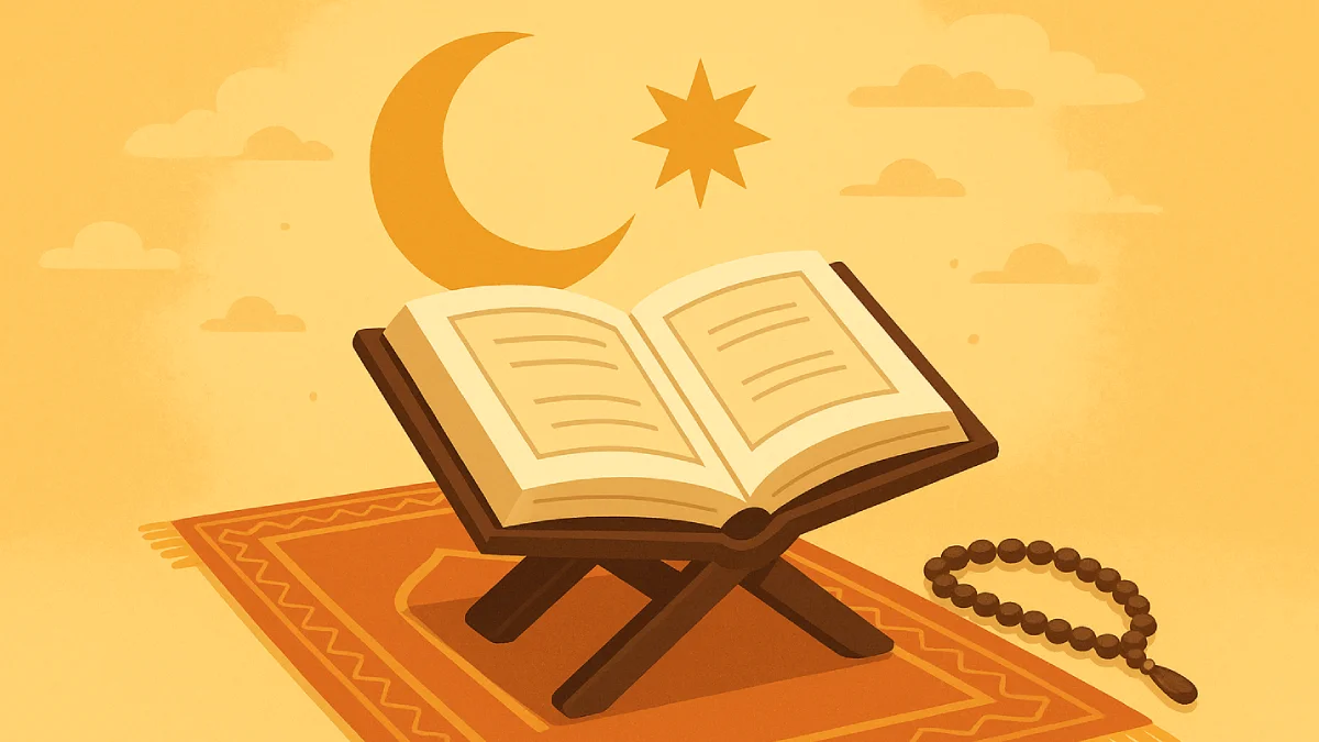Ilustrasi simbolis amalan 1 Muharram dengan Al-Quran terbuka di atas tikar sajadah, disertai tasbih dan latar langit senja yang memancarkan cahaya bulan sabit dan bintang, melambangkan ibadah dan permulaan tahun Islam yang penuh makna.