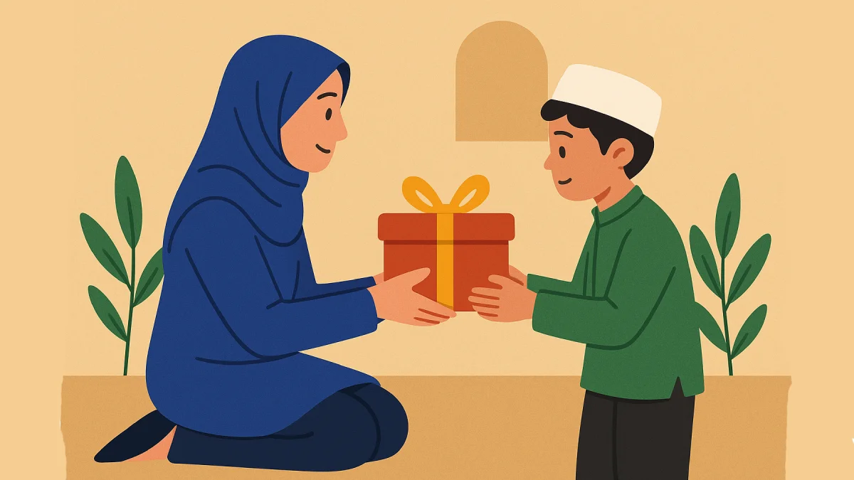 Ilustrasi santunan anak yatim yang menunjukkan seorang wanita memberikan hadiah kepada anak laki-laki dengan penuh kelembutan dan kehangatan.