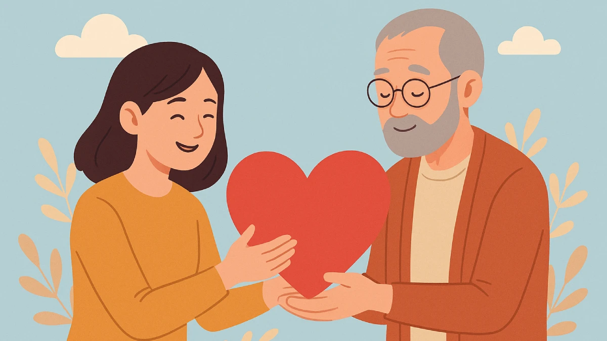 Wanita muda dan pria tua berbagi kebaikan sebagai simbol kebaikan hati.