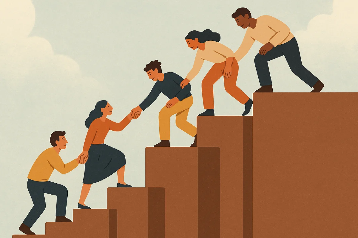 Ilustrasi Cara Berlomba-Lomba dalam Kebaikan melalui bantuan dan kolaborasi antarmanusia di lereng tangga.