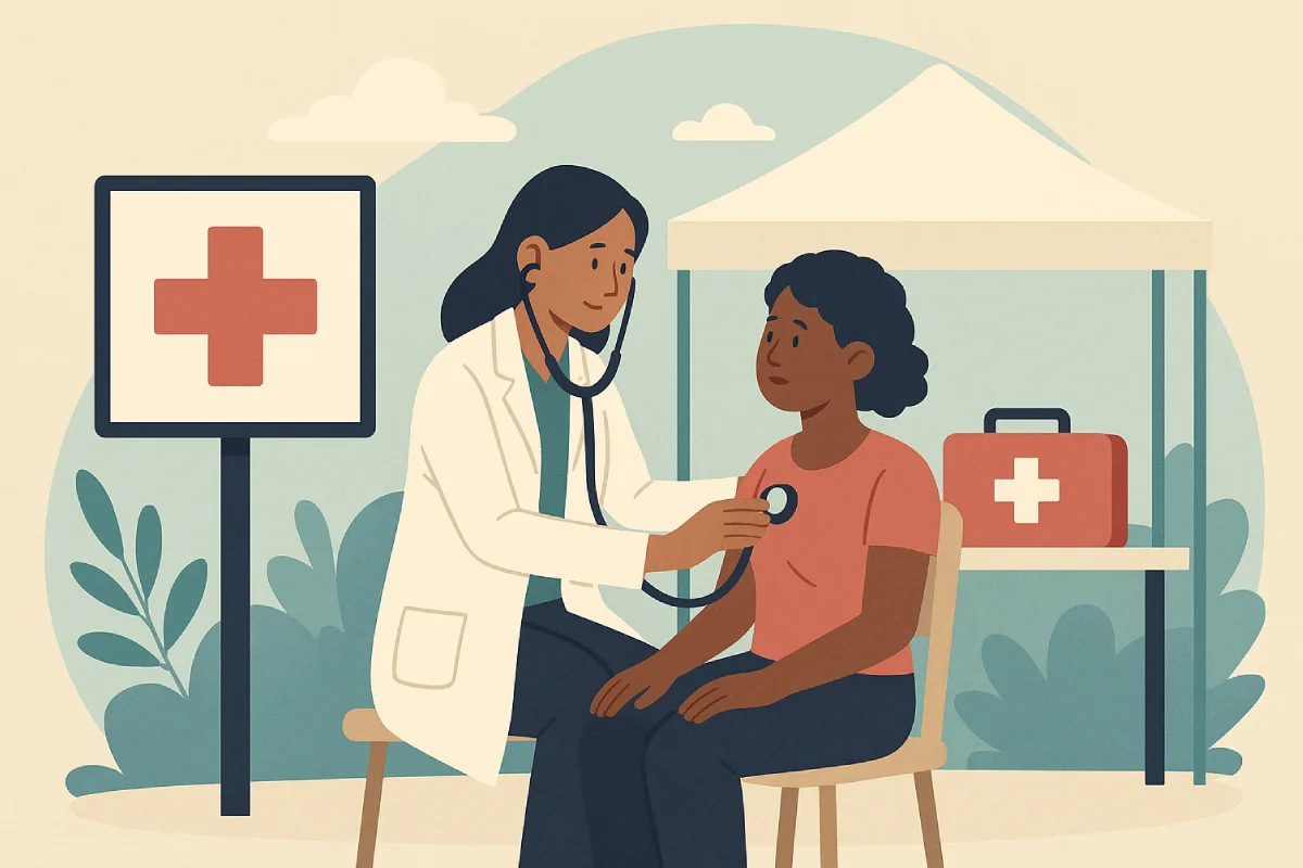 Seorang dokter memeriksa pasien dengan stetoskop di bawah tenda medis, mewakili layanan kesehatan gratis yang diberikan kepada masyarakat.