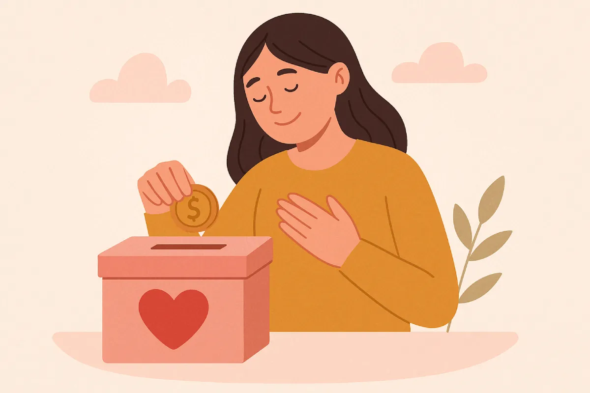 Dampak donasi terhadap psikologis dengan dua tangan saling memberi, satu penuh empati dan satu penuh harapan, dilatarbelakangi cahaya hangat yang melambangkan ketenangan batin.