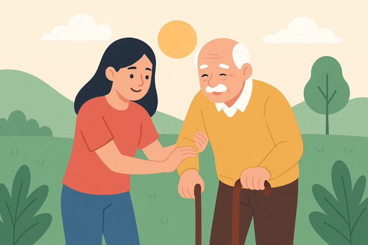 Momen penuh kebaikan saat seorang wanita dengan senyuman hangat mendampingi seorang lansia yang menggunakan tongkat, menunjukkan kasih sayang dan perhatian.