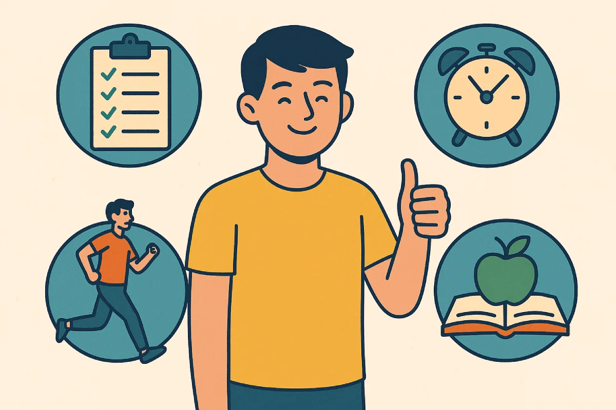 Kebiasaan baik mencakup pola kehidupan sehari-hari yang mendukung kesehatan fisik dan mental, seperti menjaga disiplin waktu, berolahraga secara teratur, serta mengonsumsi makanan bergizi.