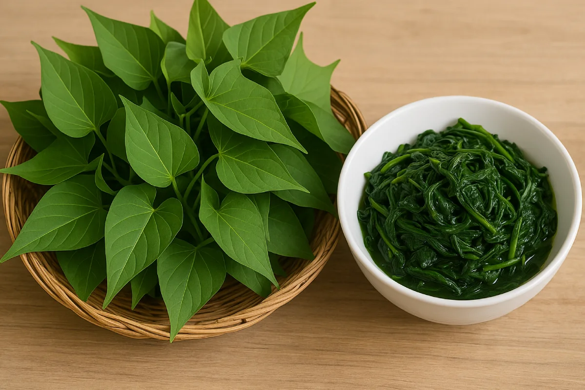 Selembar daun hijau segar dengan tekstur alami sebagai simbol manfaat daun ubi yang sering diabaikan namun kaya akan nutrisi.