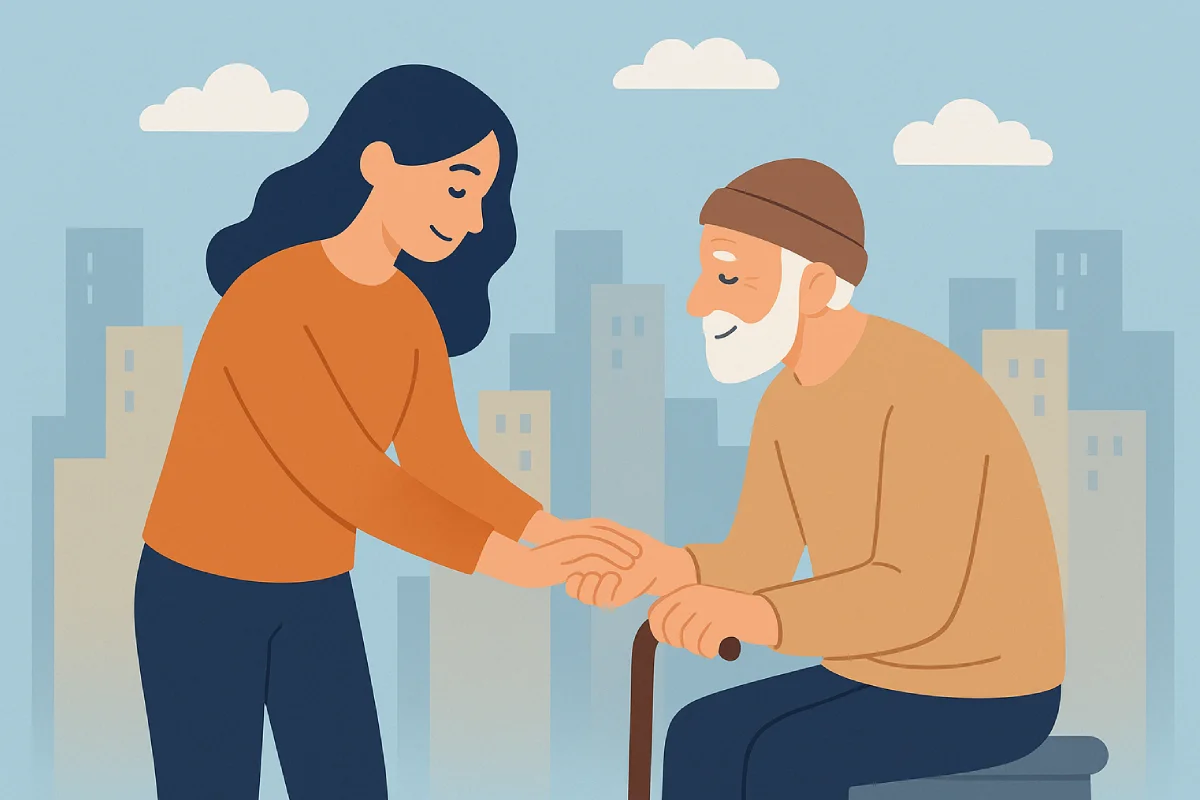 Seorang wanita membantu lansia duduk di kursi, menunjukkan manfaat kebaikan dalam hubungan sosial.