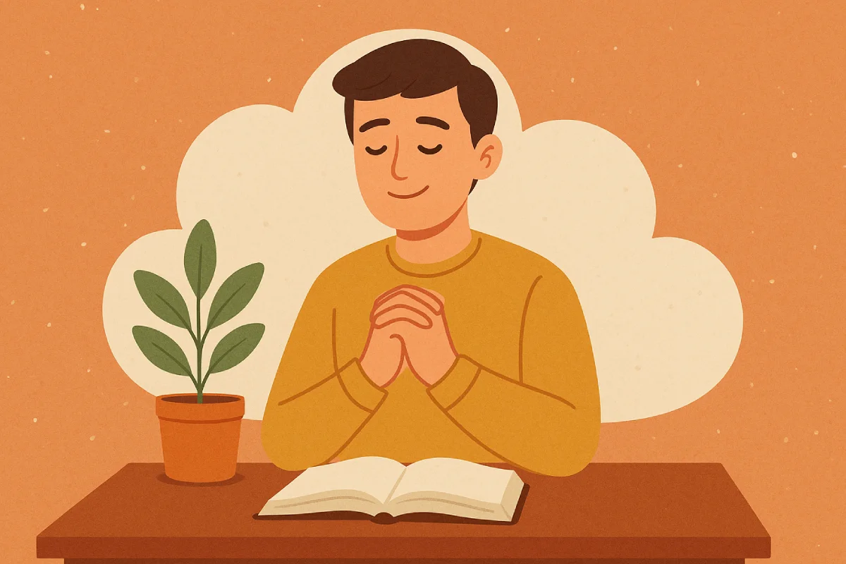 Seorang pria duduk di meja makan dengan tangan bersilang berdoa sebelum menyantap hidangan sederhana merupakan simbol Renungan Singkat tentang Bersyukur atas nikmat yang diberikan.