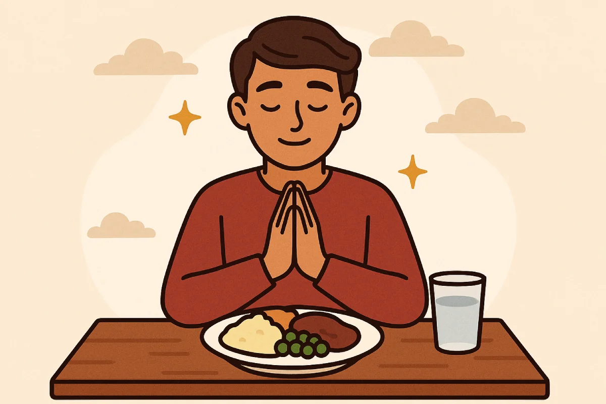 Renungan Singkat tentang Bersyukur tercermin dari sikap pria ini: menghargai setiap makanan sederhana dengan rasa syukur sebelum memulai hari.