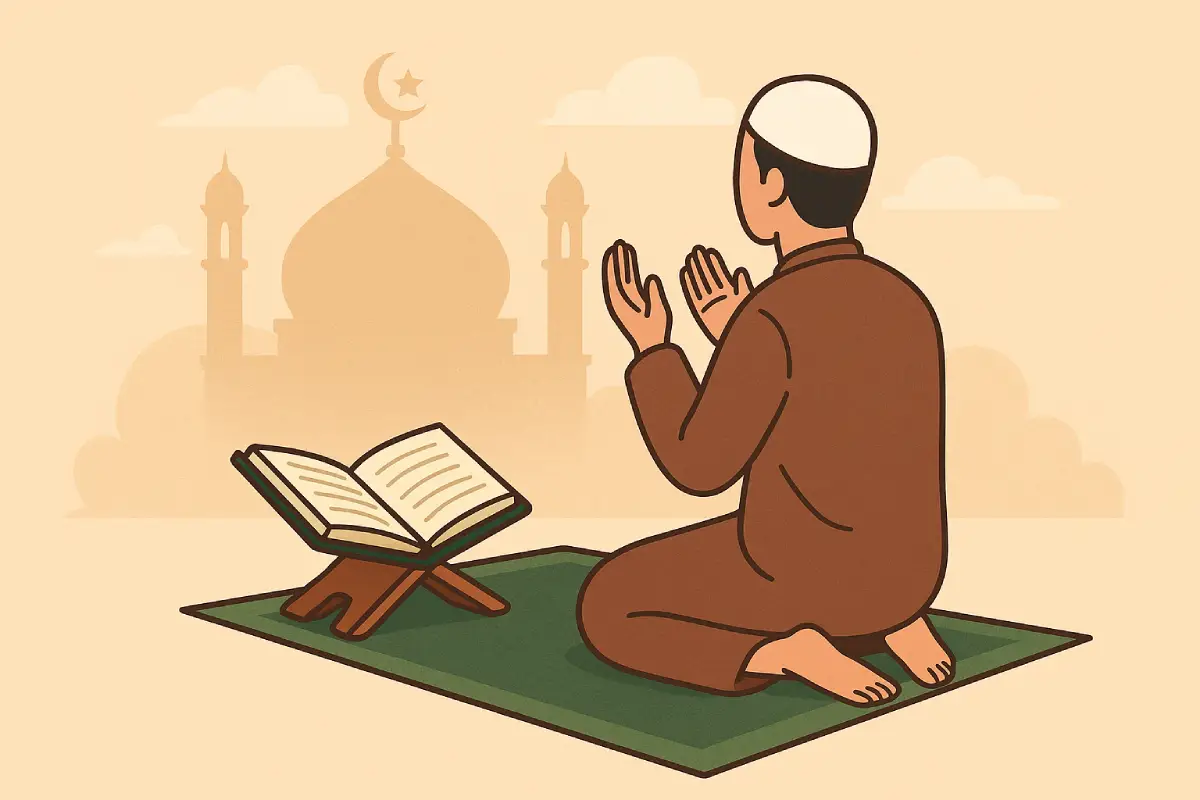 Seorang pria sedang berdoa di depan Al-Quran dengan latar masjid, menggambarkan amalan di awal bulan Rabiul Awal.