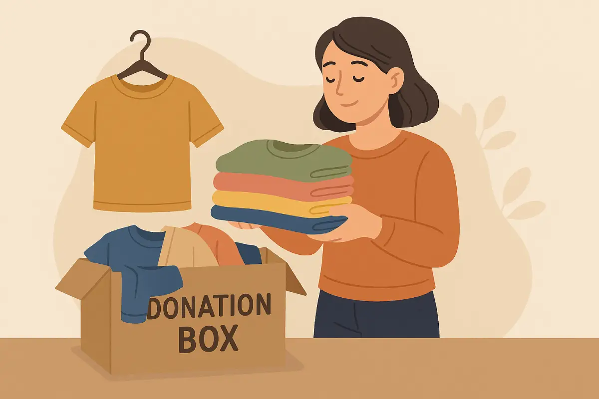 Seorang wanita memasukkan pakaian bekas ke dalam kotak donasi, menggambarkan aksi donasi pakaian bekas.