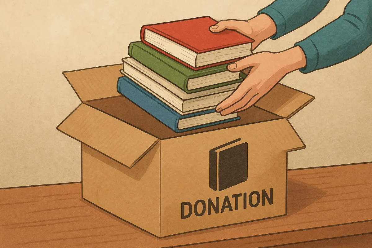 Seseorang sedang memasukkan buku-buku ke dalam kotak donasi, menggambarkan tindakan nyata dari cara donasi buku yang sederhana namun bermakna.