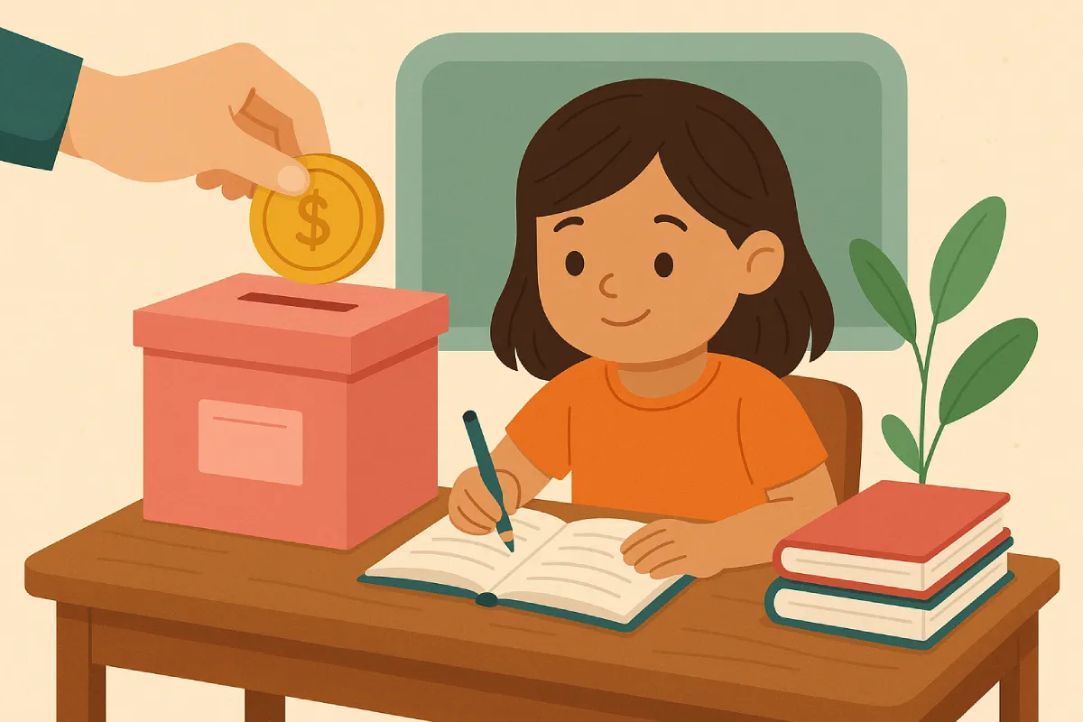 Seorang anak sedang belajar di meja sambil seorang tangan memasukkan uang ke dalam kotak donasi, menggambarkan pentingnya donasi pendidikan anak untuk mendukung akses mereka terhadap pendidikan berkualitas.