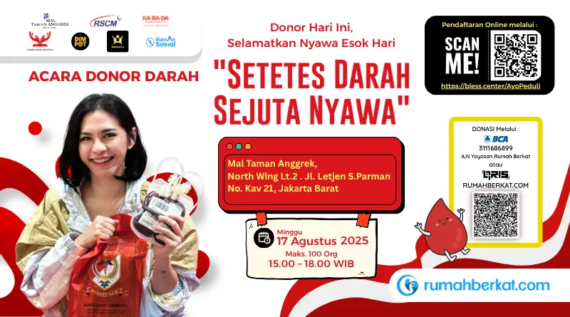 Setetes Darah Sejuta Nyawa ke-9 hadir di Jakarta Barat sebagai bentuk kepedulian sosial di hari kemerdekaan. Donor darah ini digelar dari jam 3 sore hingga jam 6 sore. Segera daftarkan diri dan jadilah bagian dari aksi kemanusiaan yang bermakna.