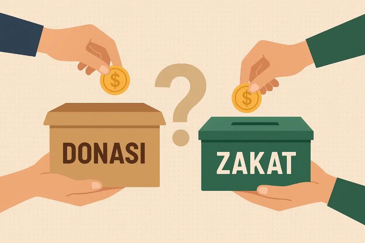 Dua tangan memasukkan uang ke kotak donasi dan zakat, dengan tanda tanya di tengah, menggambarkan perbedaan antara keduanya.